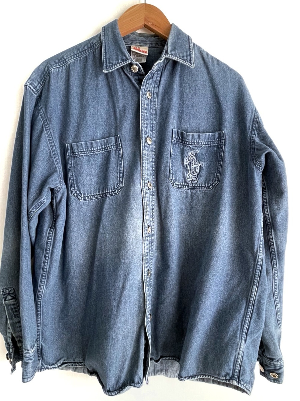 Disney Tigger embroidered Light Blue Denim Shirt testing the limits of gravity